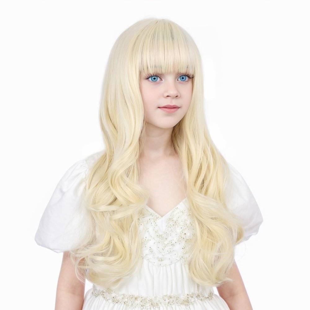Ufindcos Light Blonde Wigs for Kids Girls Long Wavy Curly Blonde Child Wig Blond Wig with Bangs