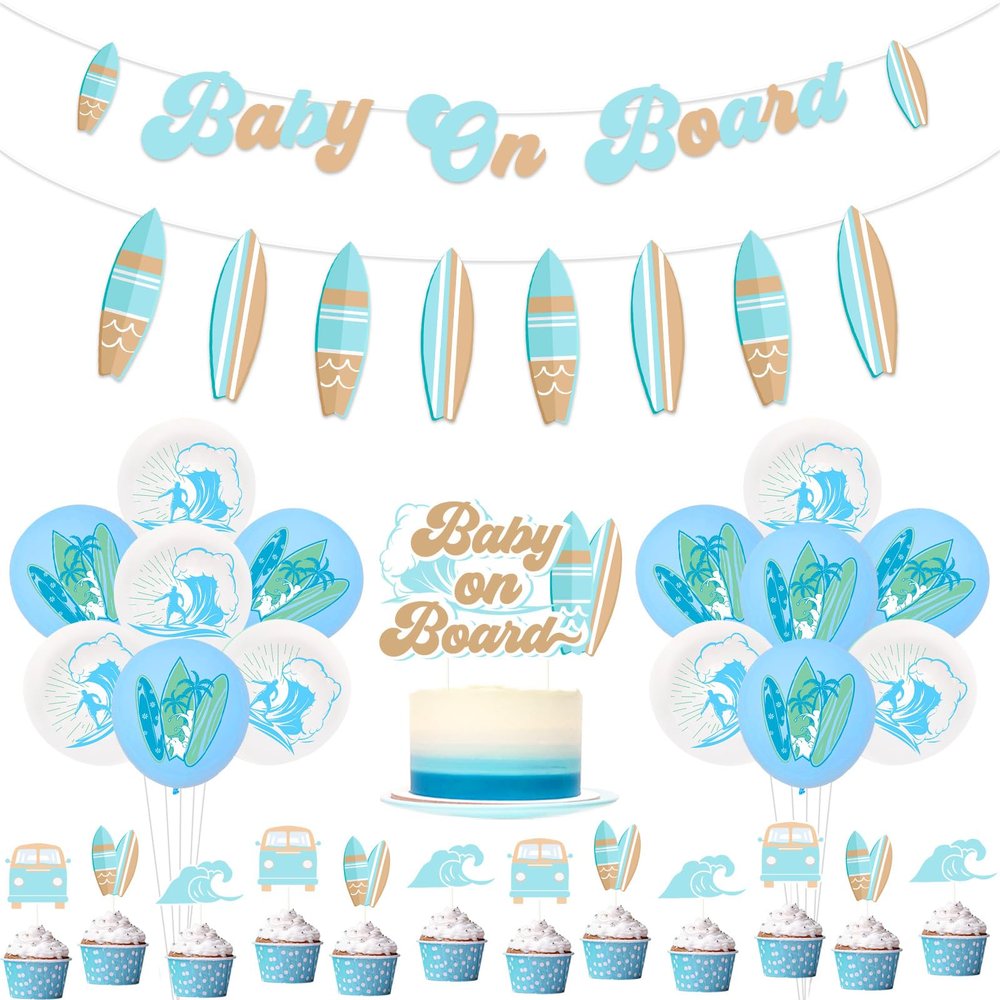 kreat4joy Surf Baby Shower Decorations - Surfboard Balloons, Cake & Cupcake Toppers, Banner Garland for Boy & Girl