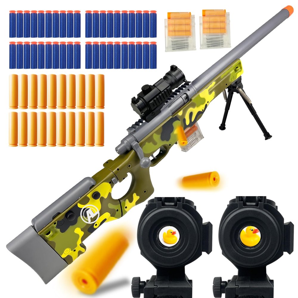 AGM MASTECH AWM Foam Dart Blaster, Shell Ejecting Model with Scope, Metal Components, Foldable Stock, 40 Darts, 20 Shells. Tactical CS Game Prop for Teens 14+ and Adults (Camo Green)