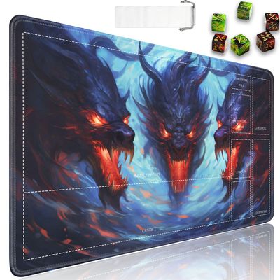 for MTG Playmat with Zones, 24 x 14 in Smooth Surface Card Game Playmat, for TCG Playmat with Storage Bag and 6 Dice, Anime Headed Dragon for MTG Mat Mouse Pad