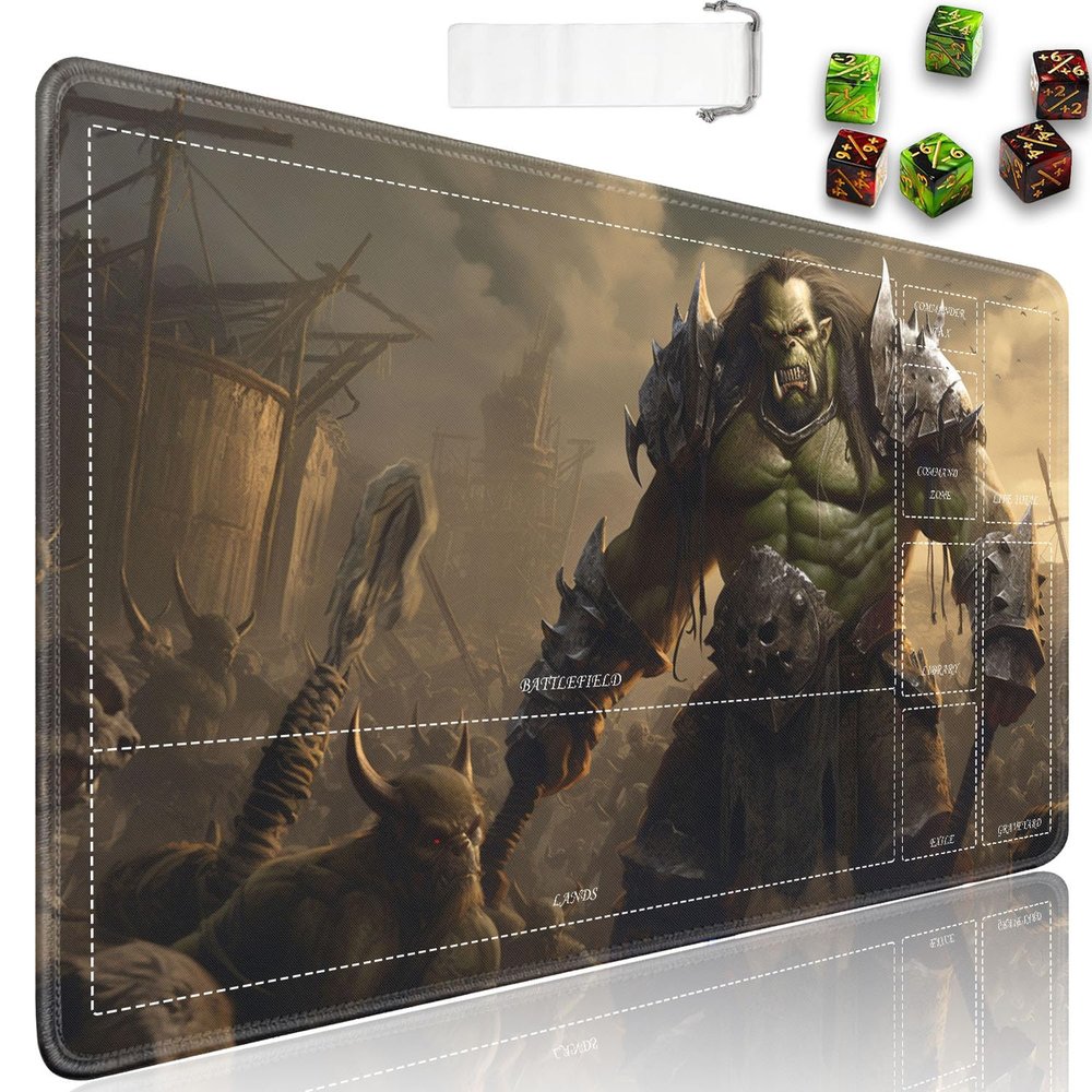 for MTG Playmat with Zones, 24 x 14 in Smooth Surface Card Game Playmat, for TCG Playmat with Storage Bag and 6 Dice, Orc Overlord for MTG Mat Mouse Pad