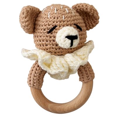 Wooden Baby RattleCrochet Bear Rattle with Wood Ring, Newborn Wooden Animal Rattle ToyInfant Bear Wood Rattle Toys