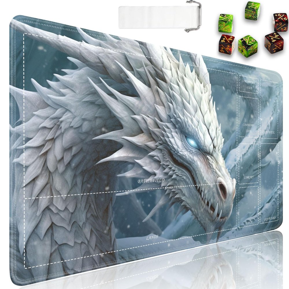 for MTG Playmat with Zones, 24 x 14 in Smooth Surface Card Game Playmat, for TCG Playmat with Storage Bag and 6 Dice, White and Silver Dragon for MTG Mat Mouse Pad