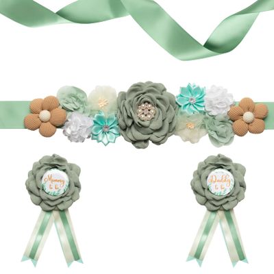 Afkengung Green Maternity Sash Set Daddy and Mommy to be Corsage Pin Flowers Baby Shower Souvenir Sash Supplies Gender Reveal Decorations Pregnancy Photography PropsGreen