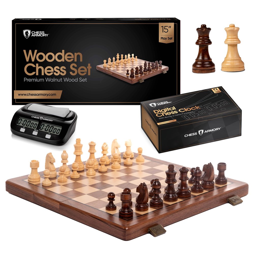 Chess Armory 15 inches Walnut Wooden Chess Set and Chess Clock Bundle for Kids and Adults