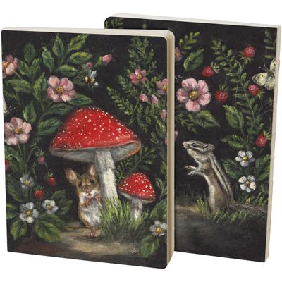 Primitives by Kathy Double Sided Journal, charming hand painted woodland mouse/chipmunk mushrooms flowers design, perfect for writing, journaling, 160 lined pages, open spine to lay flat for use.