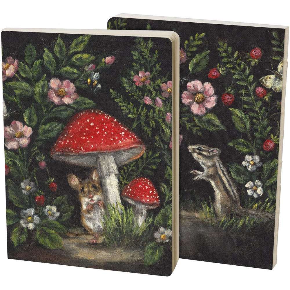 Primitives by Kathy Double Sided Journal, charming hand painted woodland mouse/chipmunk mushrooms flowers design, perfect for writing, journaling, 160 lined pages, open spine to lay flat for use.