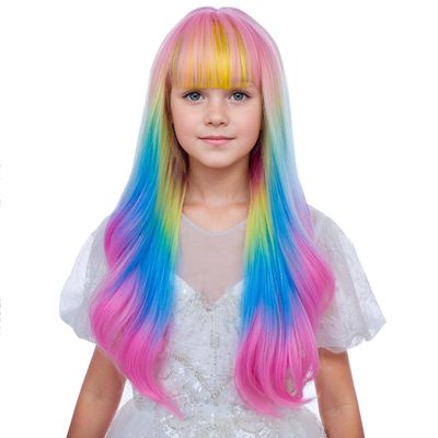 Ufindcos Rainbow Wig for Kids Girls Long Colorful Wig with Bangs Multi-color Wavy Curly Child Wigs 22 inches Synthetic Wigs