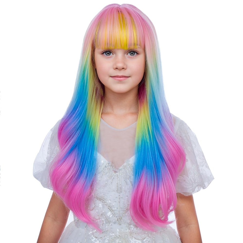 Ufindcos Rainbow Wig for Kids Girls Long Colorful Wig with Bangs Multi-color Wavy Curly Child Wigs 22 inches Synthetic Wigs