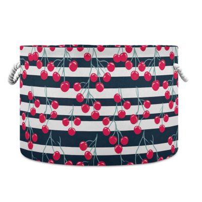 AMmao Cute Stripe Cherry Pattern Toys Storage Bin with Cotton Rope Large Capacity Clothes Storage Baskets Laundry Hamper Holiday Ornament Box Organizer for Bedroom Bathroom Nursery