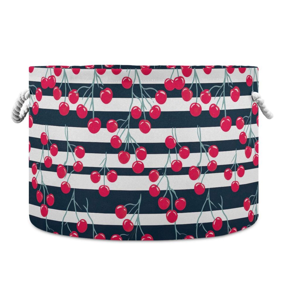 AMmao Cute Stripe Cherry Pattern Toys Storage Bin with Cotton Rope Large Capacity Clothes Storage Baskets Laundry Hamper Holiday Ornament Box Organizer for Bedroom Bathroom Nursery