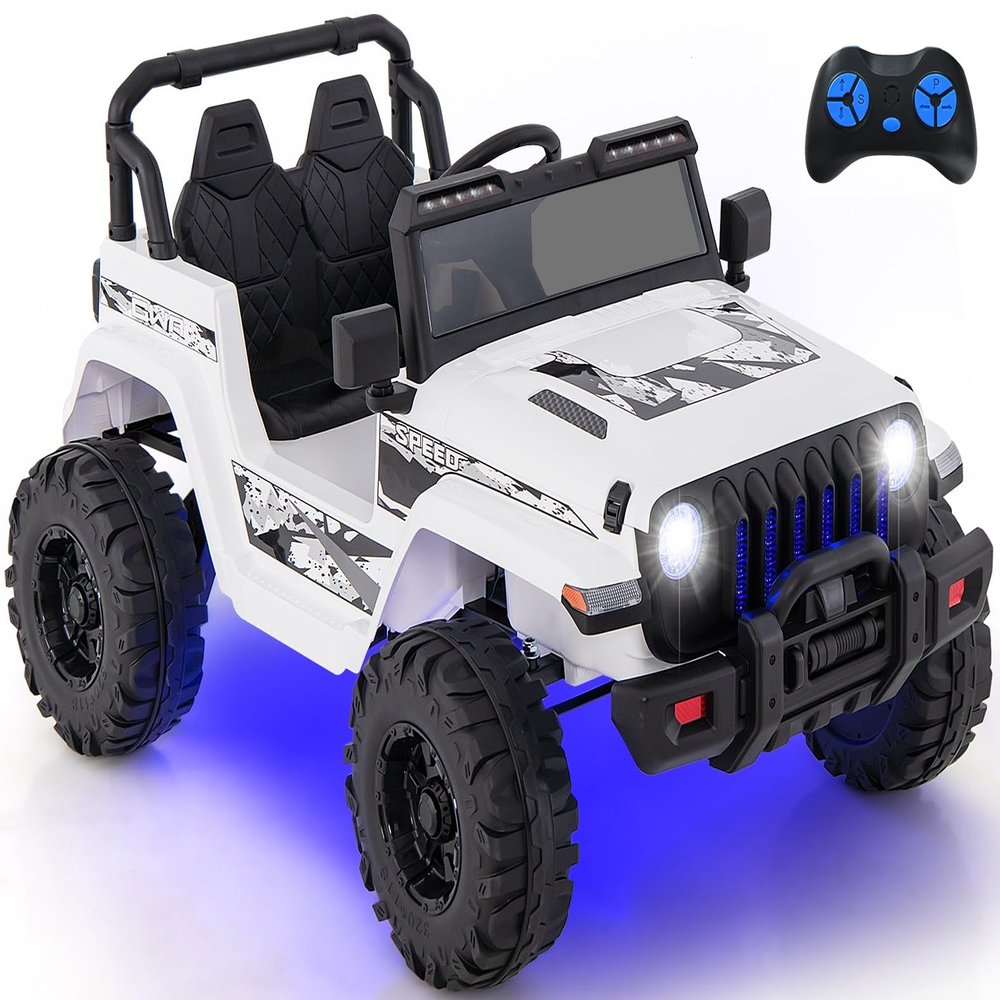 INFANS Kids Ride on Car Truck with 2.4G Remote Control, 12V Battery Powered Electric Cars for Kids w/3 Speeds, Battery Display, LED Lights, Safety Belt, Music & Horn, Bluetooth/FM/USB (White)