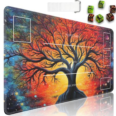 JVGFYNKL for MTG Playmat, 24 x 14 in for TCG Playmat with Zones,Trading Card Game Playmats with Storage Bag and 6 Dice, Smooth Surface for MTG Table Mat, Colorful Ttree of Life