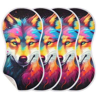 KEIGE 4Pcs Wolf Burp Cloth,Unisex Large Absorbent Soft Cotton Muslin Burping Cloths for Newborn Boys Girls,11x22in,A112530