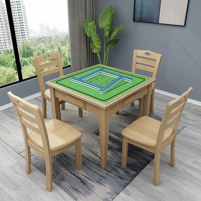 LAKIQ Multifunction Mahjong Table Wooden with Drawers Square Poker Card Table Solid Wood Small Game Table Convertible Dining Table (Light Wood,1 Table with 4 Chairs)