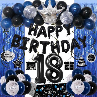 18th Birthday Decorations for Boys Girls, Happy 18th Birthday Decorations Boy Men, Blue Black 18 Year Old Boy Birthday Balloons Banner,Tablecloth, Fringe Curtains Hanging Swirls 18 Bday Decor for Men