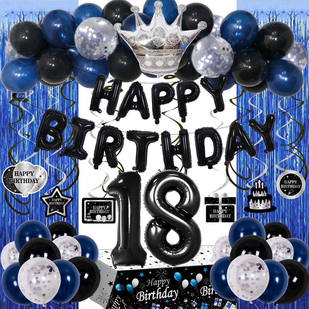 18th Birthday Decorations for Boys Girls, Happy 18th Birthday Decorations Boy Men, Blue Black 18 Year Old Boy Birthday Balloons Banner,Tablecloth, Fringe Curtains Hanging Swirls 18 Bday Decor for Men