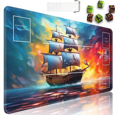 JVGFYNKL for MTG Playmat, 24 x 14 in for TCG Playmat with Zones,Trading Card Game Playmats with Storage Bag and 6 Dice, Smooth Surface for MTG Table Mat, Watercolor Pirate Ship