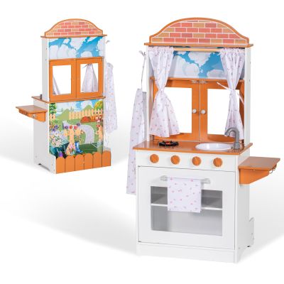 BRINJOY Play Kitchen Set for Kids, Double-Sided Wooden Farm Kitchen Playset, W/Oven, Window, Play Food, Apron, Towel, 2 in 1 Realistic Toddlers Pretend Play Cooking Toy Gift for Girls Boys Age 3+