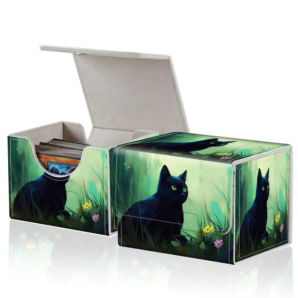 ACWDMKH for MTG Commander Deck Box,Card Deck Box for Trading Yugioh MTG,Fits 100 Double Sleeved Cards,PU Leather Strong Magnet Case for Magic Commander TCG CCG,Black Cat Forest