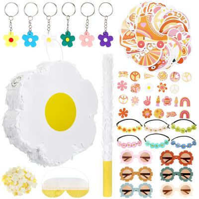 Saysurey Groovy Daisy Flower Favors Including Retro Hippie Groovy Piata Set Retro Flower Sunglasses Daisy Headbands Boho Stickers Keychains for Hippie Party Gifts Birthday Party