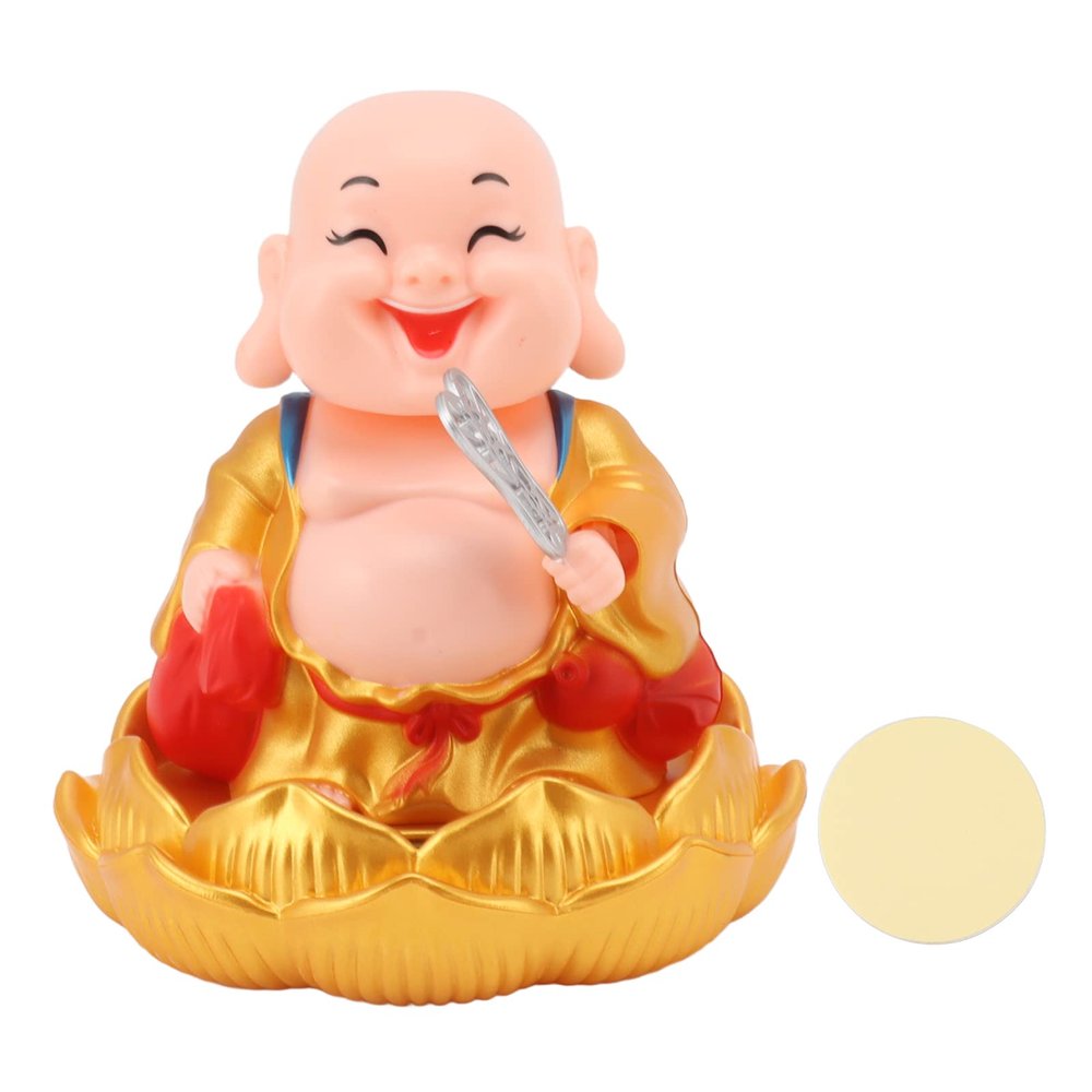 Nachukan Solar Shaking Head Maitreya Buddha Statue, Nodding Monk Car Ornament for Wealth and Fortune - Solar Powered Vibrating Monk Toy, Buddha Decoration and Gift(Gold)