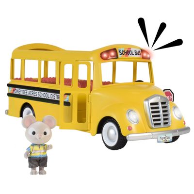 Honey Bee Acres Sunshine School Bus Vehicle with Lights, Sounds and Miniature Doll Figure, 2 Pieces, Ages 3+
