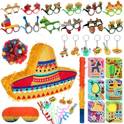 Yuxung Mexican Party Decorations Include Mexican Sombrero Hat Piata with Stick Blindfold Confetti 24 Sheets Stickers 6 Keychains 6 Straws 12 Paper Eyeglasses Fiesta Party Favors for Cinco De Mayo