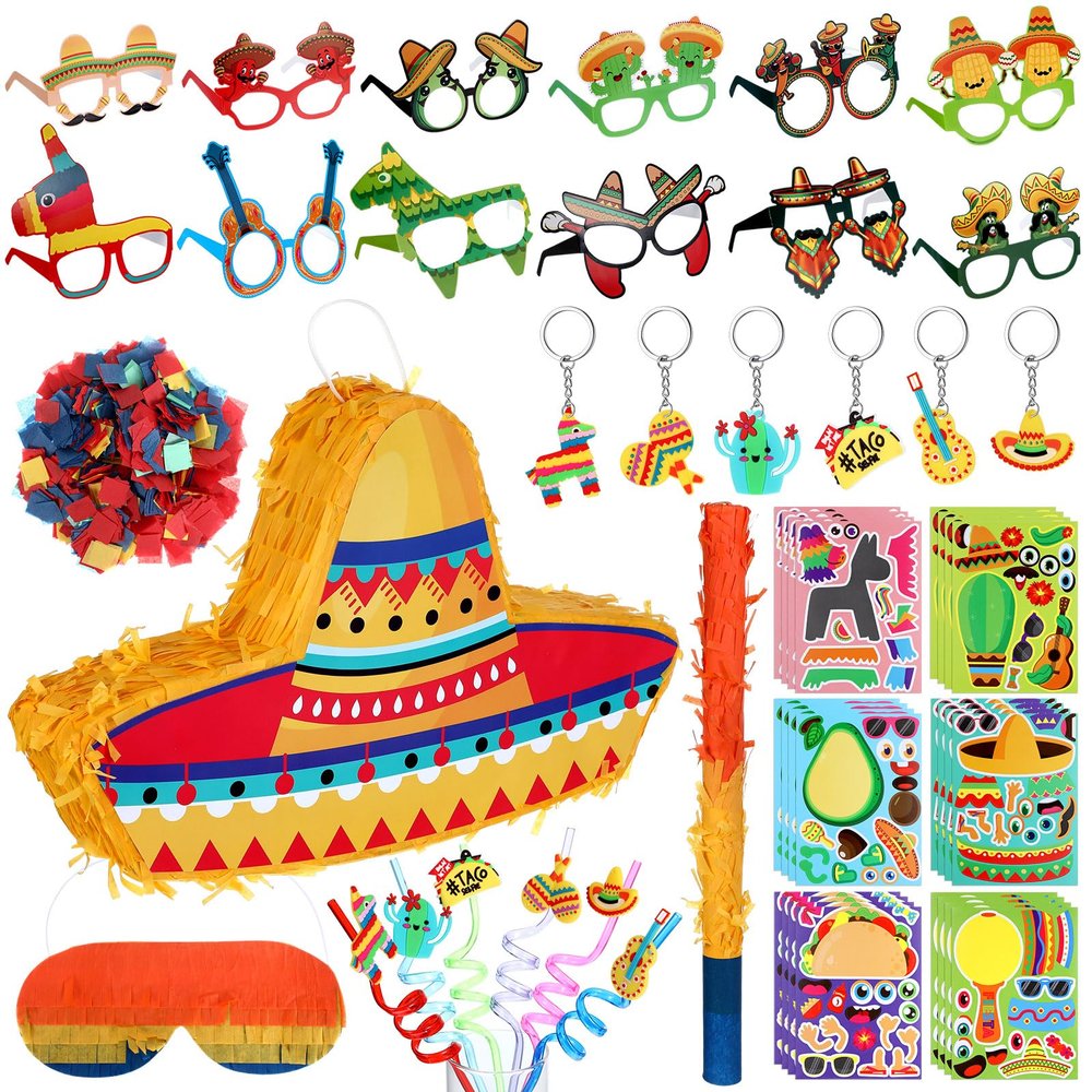 Yuxung Mexican Party Decorations Include Mexican Sombrero Hat Piata with Stick Blindfold Confetti 24 Sheets Stickers 6 Keychains 6 Straws 12 Paper Eyeglasses Fiesta Party Favors for Cinco De Mayo