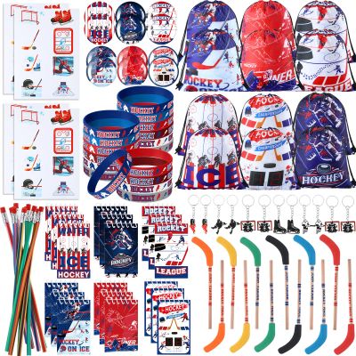 Paterr 102 Pcs Hockey Party Favor Supplies Set Include Hockey Drawstring Bags Silicone Bracelets Badge Buttons Spiral Notebooks Pencils and Erasers Bookmarks and Stickers for Gifts