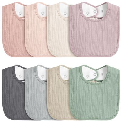 MairMore 8-Pack Baby Muslin Bibs, Soft Cotton Drool Bibs for Boys Girls, Adjustable and Absorbent Newborn Bib Set for Feeding and Drooling