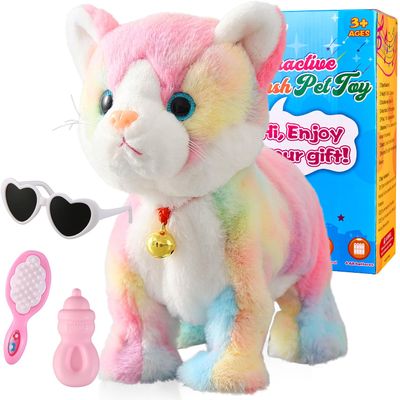 Colorful Robot Cat Plush Stuffed Animal Interactive Cats Meow Kitten Touch Control, Electronic Pet, Robotic Kitty Toy, Animated Toy Cats for Girls Baby Kids L:12"