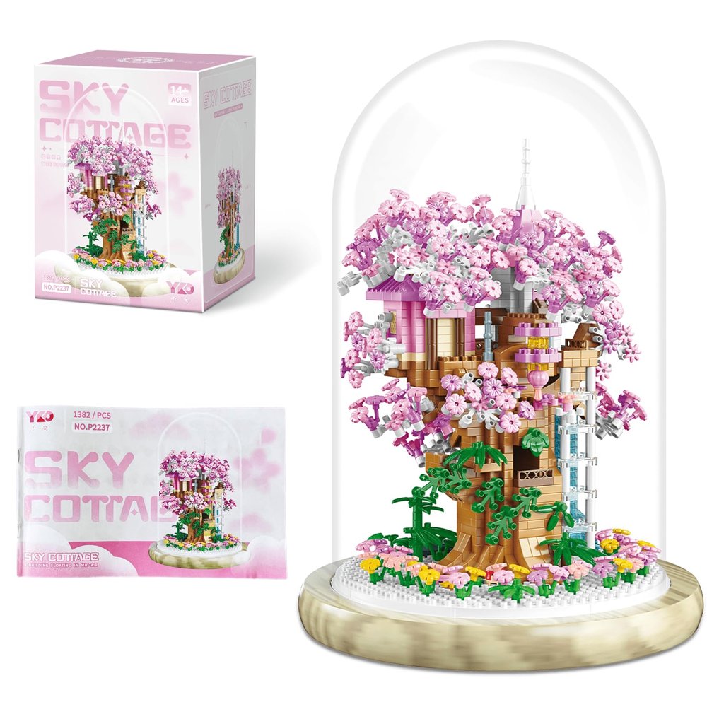 ARTIFYGIFT Cherry Blossom Bonsai Tree House Building Set for Adults, 1382 Pcs Micro-Particle Ideas Treehouse, Complete with Dust Cover and Wooden Base