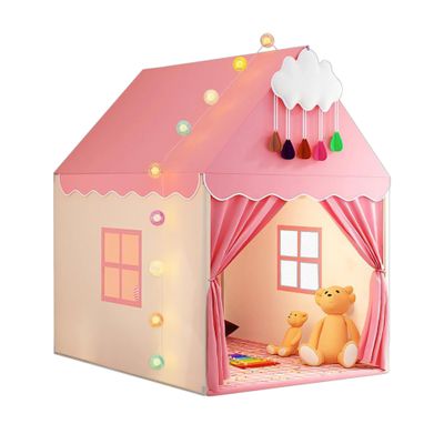 DPCC Pink Kids Play Tent with Mat, Cloud and Ball Lights Large Playhouse for Children and Girls Princess Castle Tent for Bed- Indoor & Outdoor Camping Tent(Cloth Door & Metal Rack)