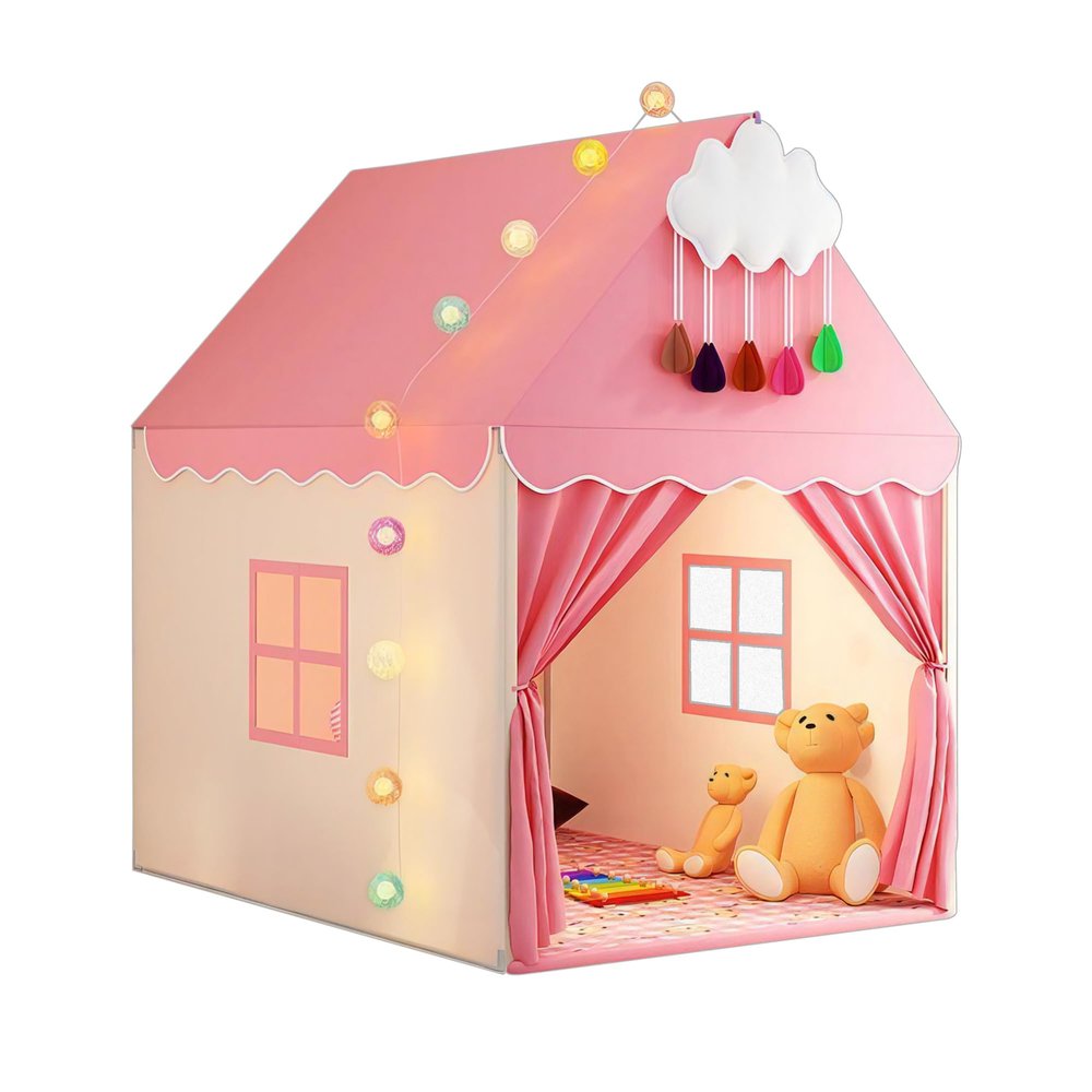 DPCC Pink Kids Play Tent with Mat, Cloud and Ball Lights Large Playhouse for Children and Girls Princess Castle Tent for Bed- Indoor & Outdoor Camping Tent(Cloth Door & Metal Rack)