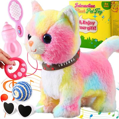 Colorful Walking Cat for Kids Kitten Toys Girls That Purrs and Meows Animated Plush Robot Kitty with Leash Moving Plush Stuffed Animal Remote Control Singing Robotic Kitty Electronic Pet for Baby