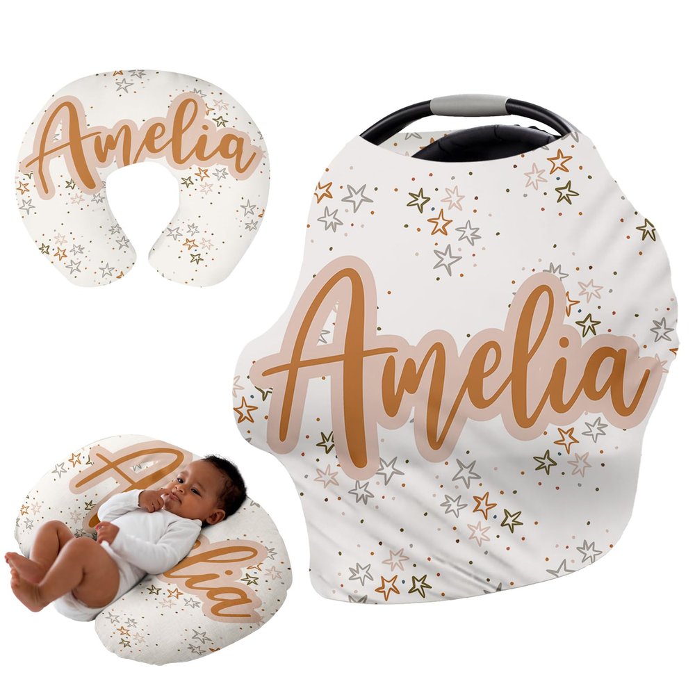 Personalised Car Seat Cover for Girls and Boys - 7 in 1 Multipurpose Breast Feeding Cover, White Star Nursing Cover, Grocery Cart Cover - Birthday Gift for Babies