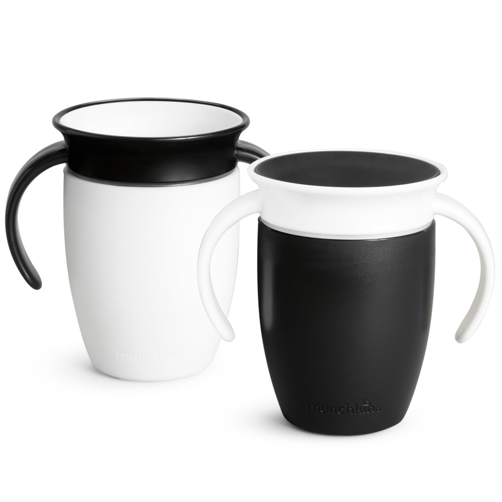 Munchkin Sippy Cup for 6 Month Old and Up, Spill Proof Miracle 360 Toddler Cups with Transition Handles, 7 Ounce, 2 Pack, Black/White