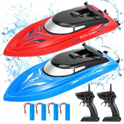 2-Pack 10 km/h 2.4GHz RC Boat for Pools and Lakes - Remote Control Boats for Kids and Adults, Includes 4 Rechargeable Batteries - Ideal for Boys and Girls-blue+red