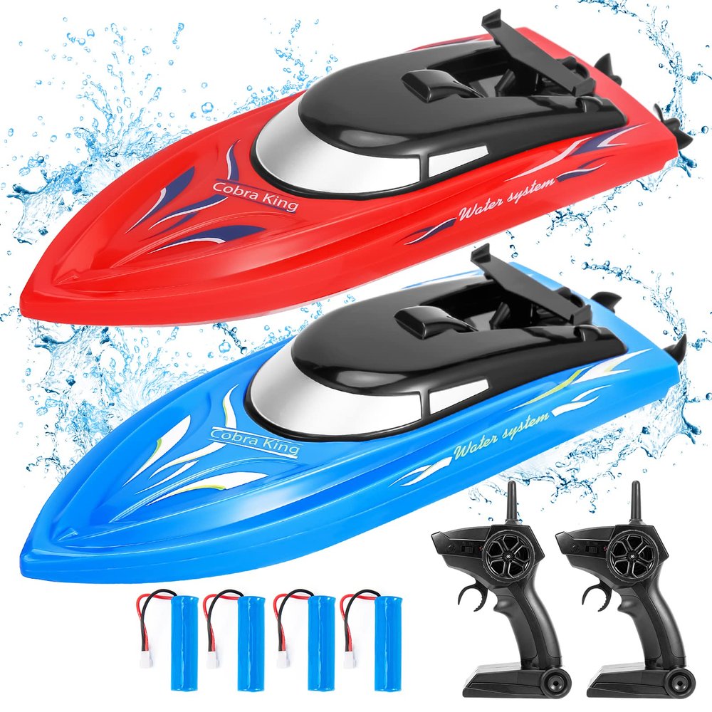 2-Pack 10 km/h 2.4GHz RC Boat for Pools and Lakes - Remote Control Boats for Kids and Adults, Includes 4 Rechargeable Batteries - Ideal for Boys and Girls-blue+red