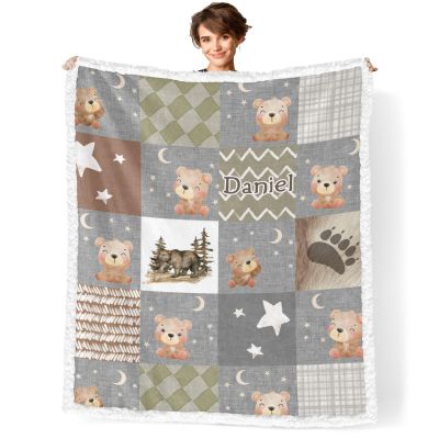 NZOOHY Teddy Bear Patchwork Personalized Sherpa Baby Blanket Flannel Plush Fleece for Boys Girls,Custom with Name Soft Newborn Naps Throw Blankets for Shower Birthday Gift 30x40 in, Option1