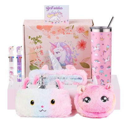 Haclury Unicorn Valentine's Day Gifts Set for Girls Kids Toys Birthday Gift Box for Teen Girl, Easter Gifts for Kids Gift Age 6-8 Basket with Stainless Steel Tumbler/Crossbody Bag/Unicorn Headband