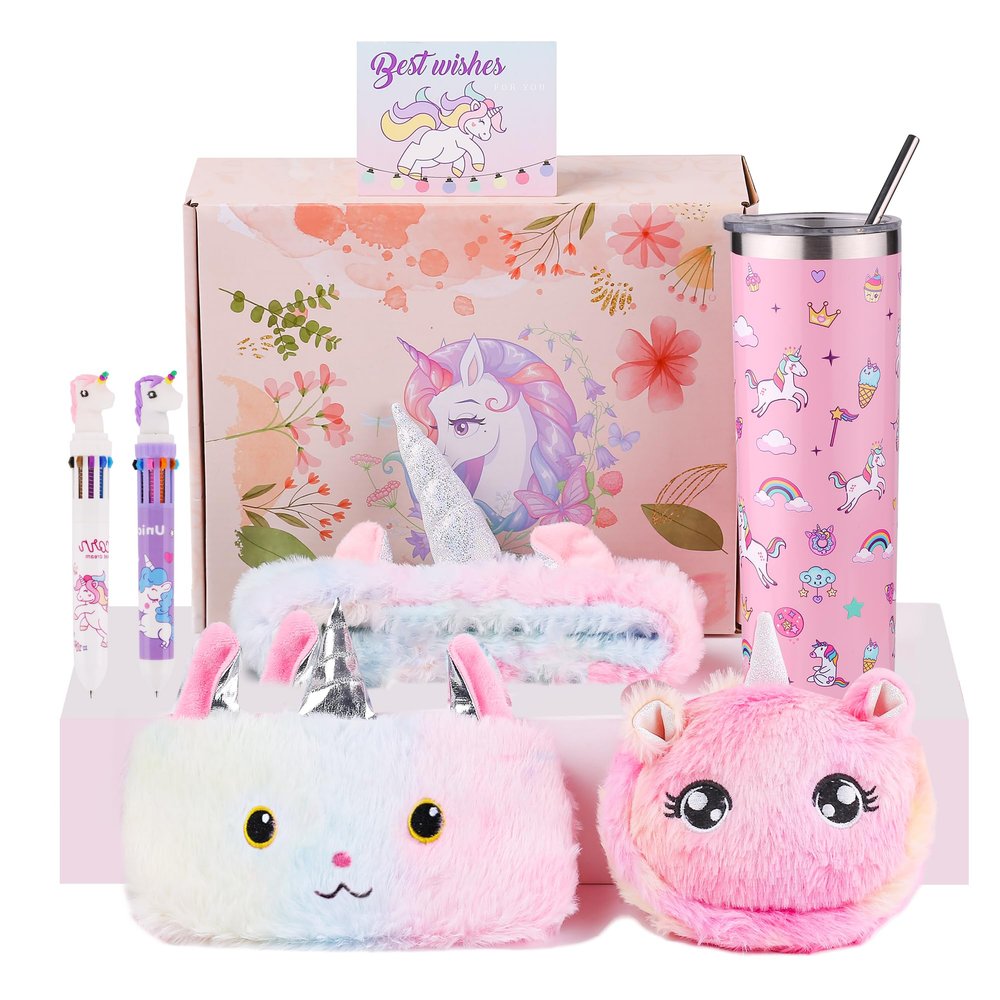Haclury Unicorn Valentine's Day Gifts Set for Girls Kids Toys Birthday Gift Box for Teen Girl, Easter Gifts for Kids Gift Age 6-8 Basket with Stainless Steel Tumbler/Crossbody Bag/Unicorn Headband