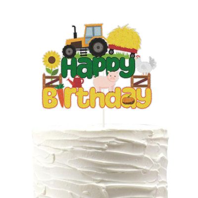 Green and Gold Tractor Cake Topper,Farm Vehicle Car Theme Party Decor,Construction Dump Truck Themed For Kids Boy Girl Happy Birthday, Farm Theme Happy Birthday Party Decorations.