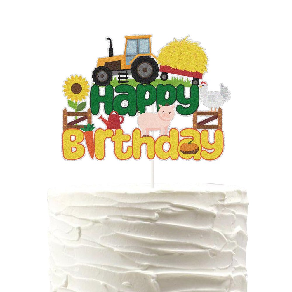 Green and Gold Tractor Cake Topper,Farm Vehicle Car Theme Party Decor,Construction Dump Truck Themed For Kids Boy Girl Happy Birthday, Farm Theme Happy Birthday Party Decorations.