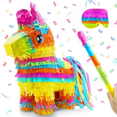 16" Cinco de Mayo Pinata, Large Rainbow Color Donkey Pinata 16 x 13 x 5.5 ln with Stick and Blindfold for Fiestas Mexican Party Decoration, Photo Prop, Taco Tuesday Event