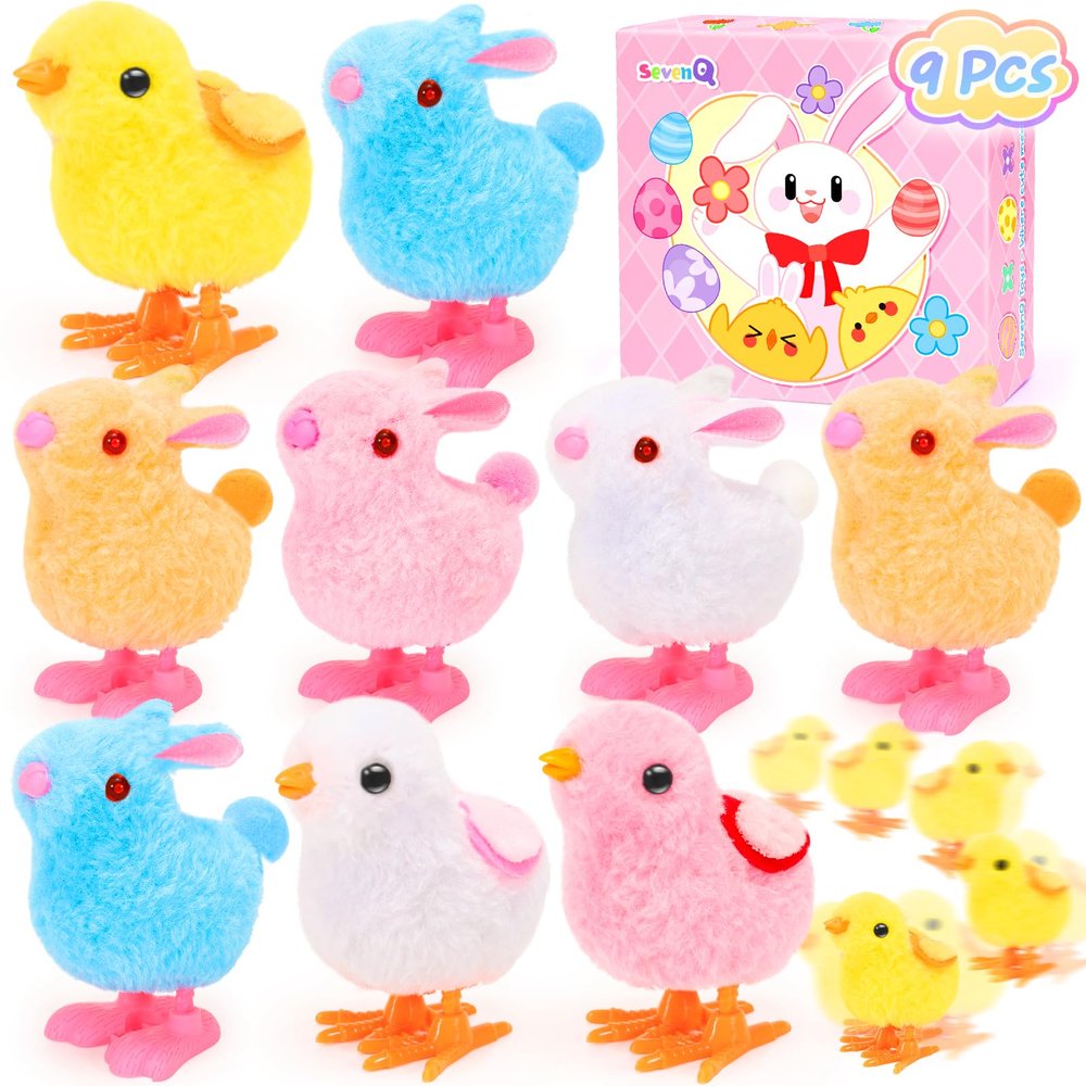 SevenQ Wind Up Toys for Kids Easter Basket Stuffers, 9Pcs Hopping Bunny Toys and Plush Chicks Jumping Small Fidget Toys for Easter Egg Fillers Goodie Bags Treasure Chest Party Favors Gifts