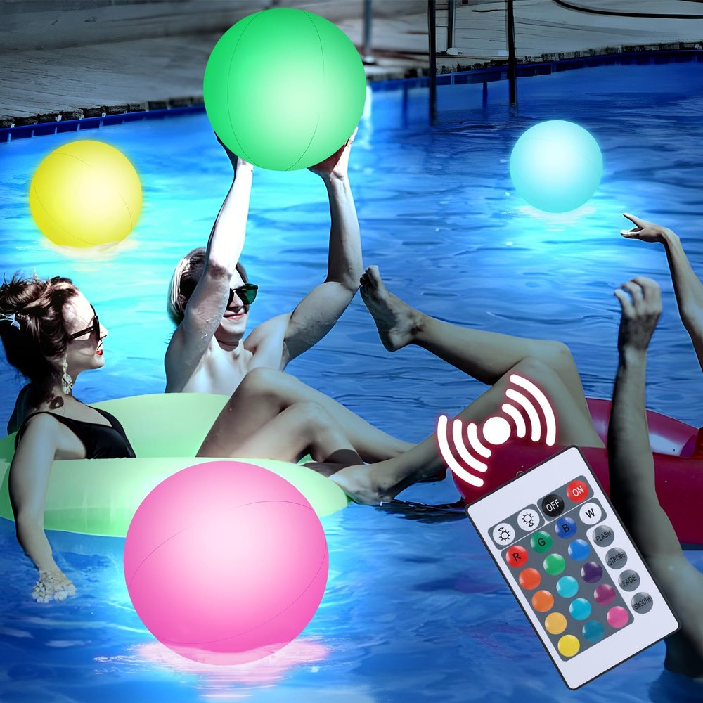 3 otters 3PCS Light Up Beach Balls, 16Inche Glow Pool Balls with Control, Inflatable Pool Supplies for Outdoor Summer Party Favors