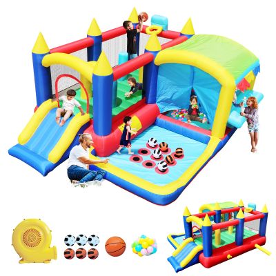 7-in-1 Inflatable Bounce House - Ball Pool, Trampoline, Tic-Tac-Toe, Basketball Hoop, Slide, Boxing Column, and Story. for Kids Indoor Outdoor Party Family Fun,Obstacles,Party Multicolor One Size