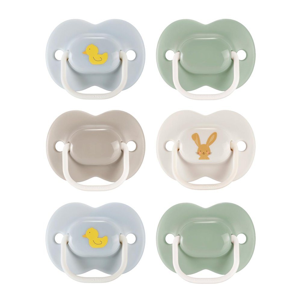 Tommee Tippee Anytime Matte Pacifiers, 6-18 Months, Symmetrical Baglet, BPA-Free Binkies, Blue, Green, and Brown, Pack of 6